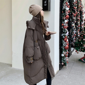 咖色休闲连帽羽绒服女冬2025新款超火好看高级感过膝长款加厚外套图片