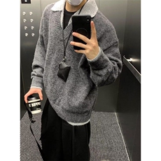 有货冬季韩系复古假两件衬衫领针织衫宽松休闲男女毛衣LS288-p60，男装衬衫，星座1008