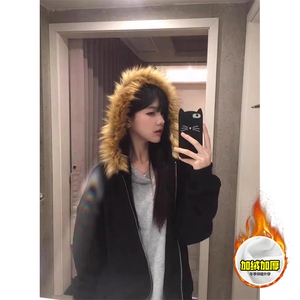 480G重磅加绒硬挺boxy秋冬美式高街超大毛领座山雕连帽卫衣厚外套图片