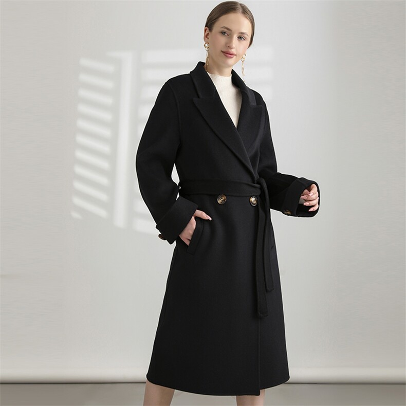 时尚显瘦黑色羊毛呢大衣女中长款秋冬新款气质百搭外套，女装双面呢大衣，怡欣双面呢工厂店
