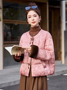 现货新中式提花羽绒服女2025冬季新款超好看拼接撞色保暖外套女图片