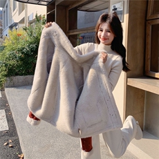 红色麂皮绒印花皮毛一体加厚棉服H8380P215K328，女装棉衣/棉服，红龙果