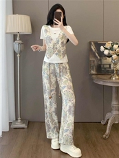 设计感时尚气质简约套装女夏圆领印花马甲假两件套阔腿长裤两件套，女装套装/套裙，江南