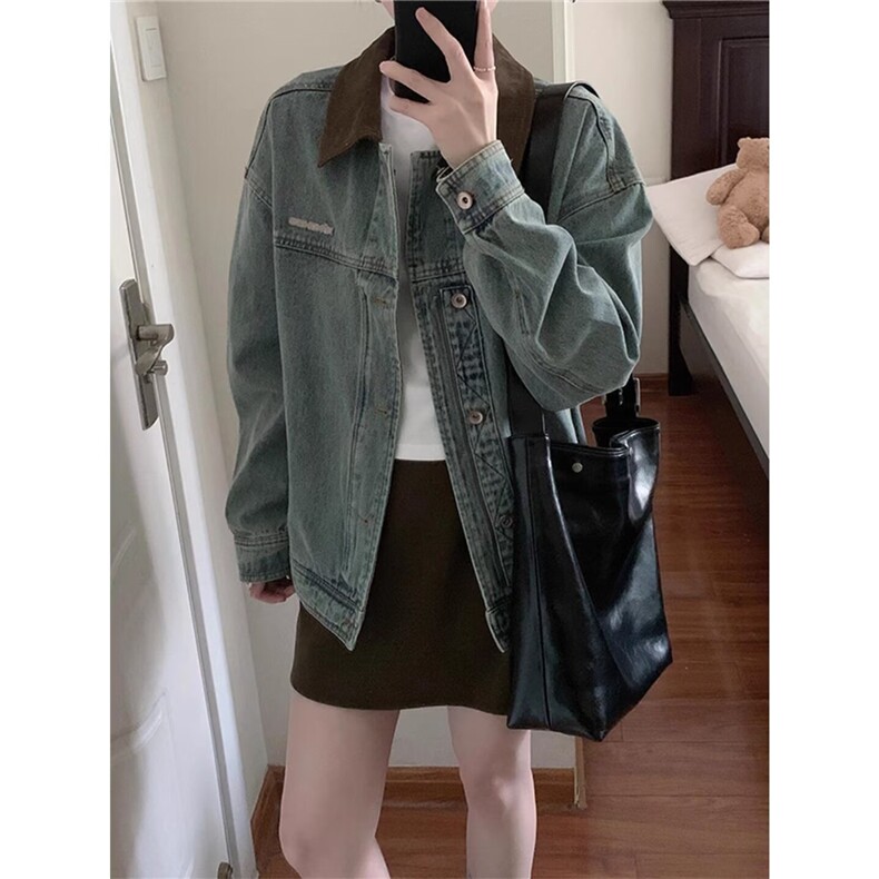 美式复古水洗做旧牛仔外套女春秋宽松休闲百搭夹克上衣LF4006-P67图片
