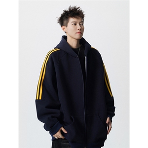 8XL-M秋冬美式运动三条杠条纹开衫卫衣连帽特大码宽松JK5206/P65图片