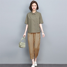 时尚休闲套装女2025新款夏装薄款棉麻翻领韩版宽松显瘦洋气两件套，女装套装/套裙，忆绮罗