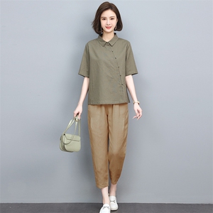 时尚休闲套装女2025新款夏装薄款棉麻翻领韩版宽松显瘦洋气两件套图片