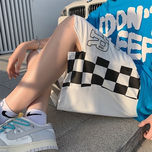 棋盘格拼接短裤抽绳运动裤情侣夏季五分裤宽松休闲男女DK017-P28图片