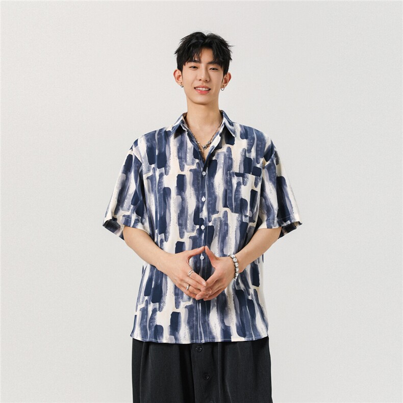 冰丝扎染面料：聚酯纤维M-5XL大码短袖衬衫男DCS78033P35控58，男装衬衫，星座226-2