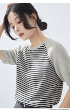 2025春夏条纹针织衫精纺羊毛短袖女宽松显瘦插肩，女装T恤，德聚羊绒