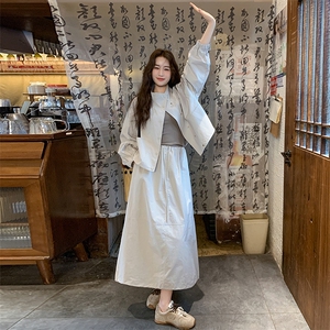 灰色工装风休闲套装裙女2025秋季新款高级松弛感穿搭半身裙两件套图片