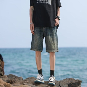 美式高街复古水洗牛仔短裤男直筒宽松大码潮牌vibe港风五分裤夏季图片