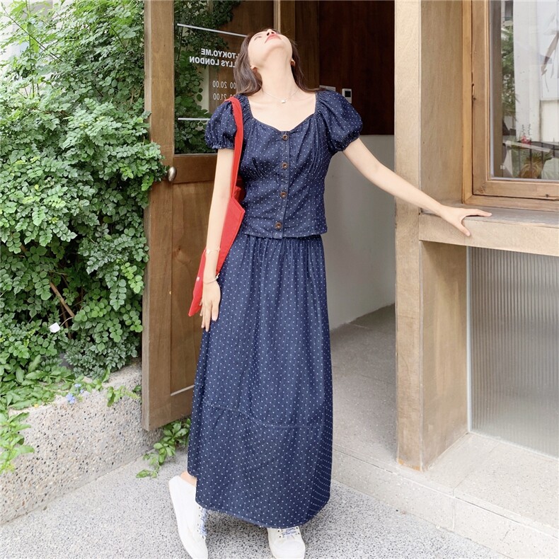 韩系甜美波点牛仔两件套装女2025夏季新款小个子泡泡袖上衣半身裙,女装套装/套裙,2C176