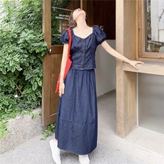 韩系甜美波点牛仔两件套装女2025夏季新款小个子泡泡袖上衣半身裙，女装套装/套裙，2C176