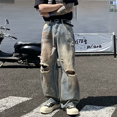 2025新款美式高街做旧牛仔裤男宽松直筒破洞阔腿裤BA110-P45，男装牛仔裤，星座208-5