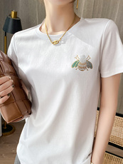 纯棉T恤女130支双面丝光棉短袖圆领宽松大码夏百搭烫钻，女装T恤，元素羊绒