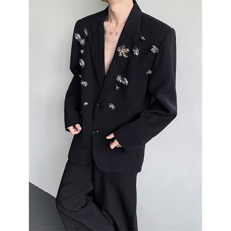 现货黑色西装外套男高级感玫瑰花朵设计宽松百搭西服xz14p148,男装西服,星座512-1（原513-3）
