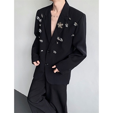 现货黑色西装外套男高级感玫瑰花朵设计宽松百搭西服xz14p148，男装西服，星座512-1（原513-3）