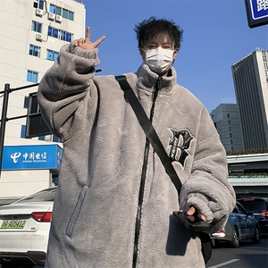 F43-P48 美式复古字母刺绣棉衣羊羔毛外套男加厚立领保暖棉服图片