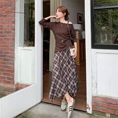 精针织衫+格子半身裙两件套装2C267-925两件套p165-k238，女装套装/套裙，茵姿媚