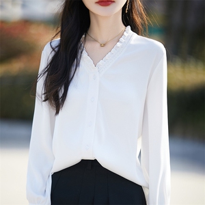 春秋新款缎面真丝长袖开衫女V领木耳边纯色百搭上衣宽松醋酸衬衫图片