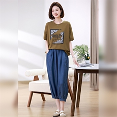 时尚宽松T恤牛仔裤套装女夏装新款韩版休闲两件套，女装套装/套裙，叶笙衣