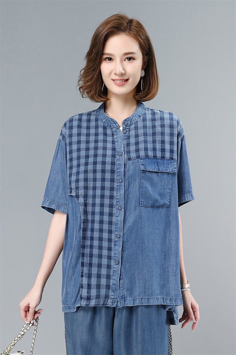 2021夏季新款时尚气质拼接水洗牛仔短袖衬衫,女装衬衫,叶笙衣