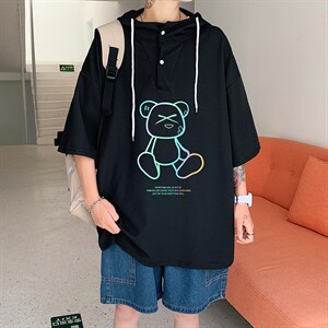 LD54139-P45 连帽短袖t恤男大码胖子带帽五分袖中袖图片
