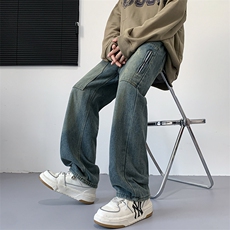 复古水洗做旧牛仔裤男口袋拉链宽松直筒牛仔裤N2346-P48，男装牛仔裤，星座1001-1
