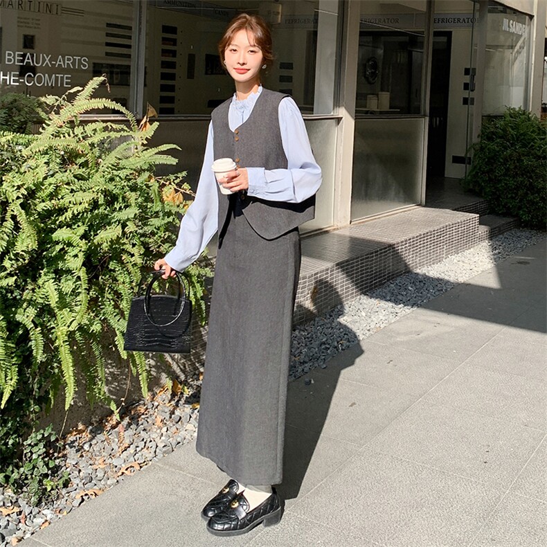 灰色西装马甲女春季新款高级感轻熟风时尚洋气打底衫阔腿裤三件套,女装套装/套裙,2C305