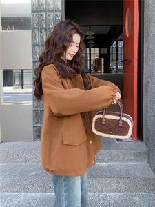 现货新款翻领时尚洋气加绒加厚鹿皮绒外套棉服上衣女图片
