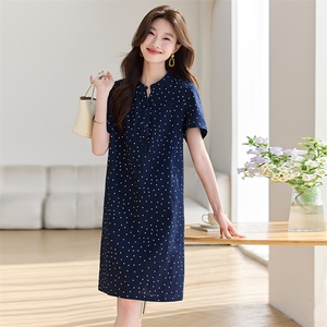 时尚波点印花棉麻连衣裙女2025新款宽松显瘦夏季薄款亚麻休闲裙子图片