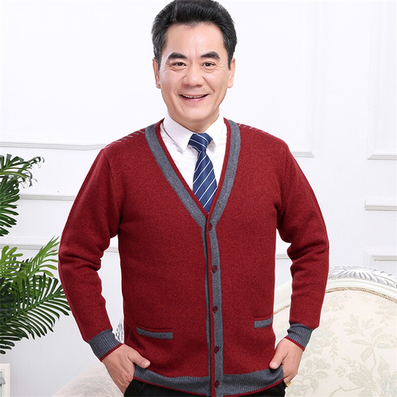 羊毛衫男开衫中老年人爸爸装红色毛衣加厚爷爷保暖外套V领针织衫,男装针织衫/毛衣,亚东羊绒制品