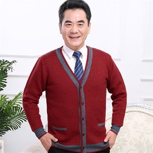羊毛衫男开衫中老年人爸爸装红色毛衣加厚爷爷保暖外套V领针织衫图片