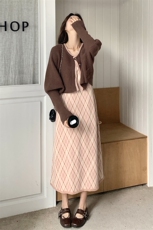 法式针织开衫连衣裙套装女2025秋季新款超好看菱格吊带长裙两件套，女装套装/套裙，2C212