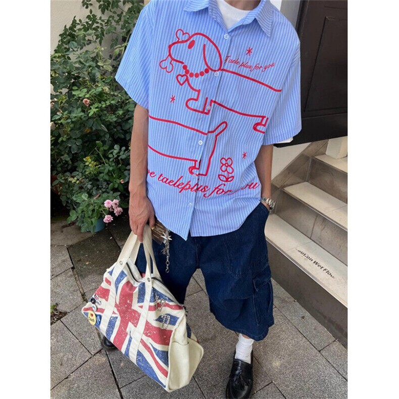 复古趣味腊肠狗印花条纹短袖衬衫宽松夏季情侣休闲衬衣CY22,男装T恤,星座1116A（原606A-3）
