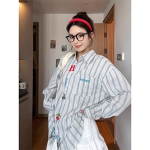 2025新款女刺绣长袖条纹衬衫白色图片