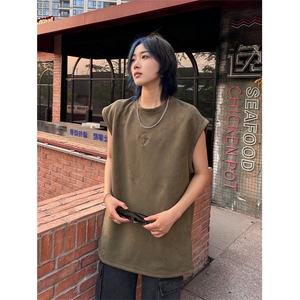港风大码美式麂皮绒套头圆领无袖T恤背心男潮 XZ213-T071-P35控48图片