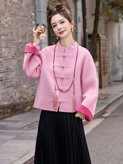 新中式双面羊毛短外套女2025秋冬新款高级感复古盘扣毛呢大衣，女装毛呢外套，玖莱伊