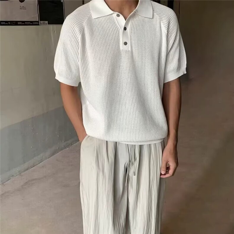大码男装高级感蜂窝纹插肩袖翻领短袖t恤男夏季亚麻针织上衣图片