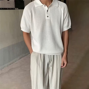 大码男装高级感蜂窝纹插肩袖翻领短袖t恤男夏季亚麻针织上衣图片
