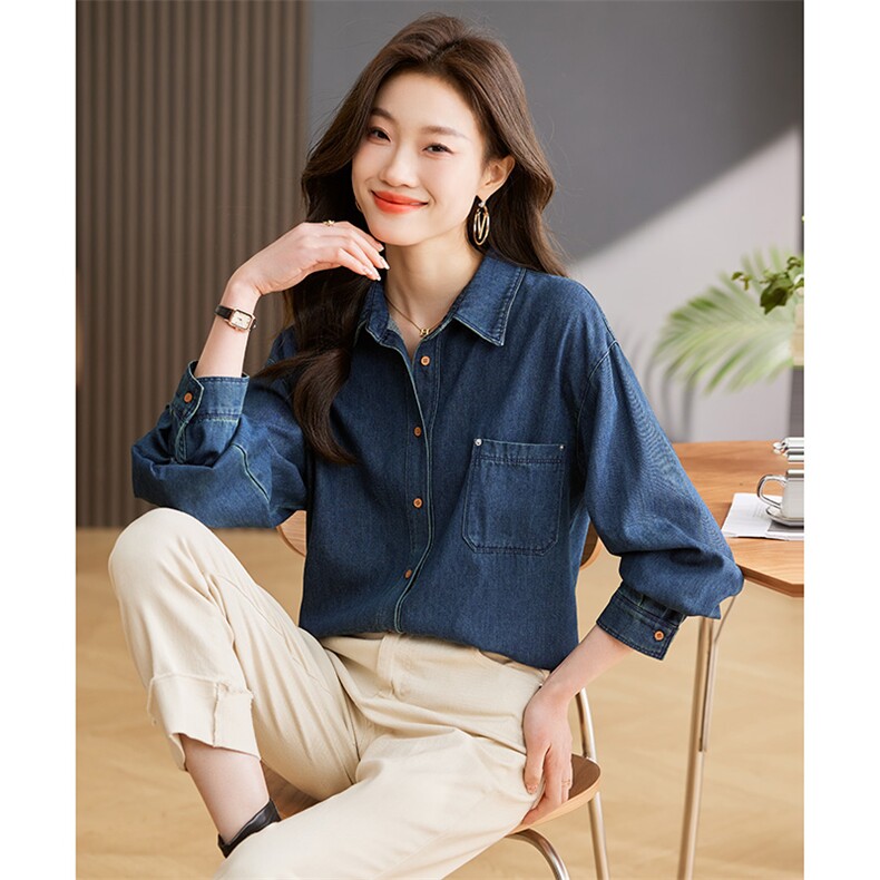 休闲牛仔衬衫女春秋2024新款时尚宽松短款小个子妈妈减龄气质上衣，女装衬衫，玛其路
