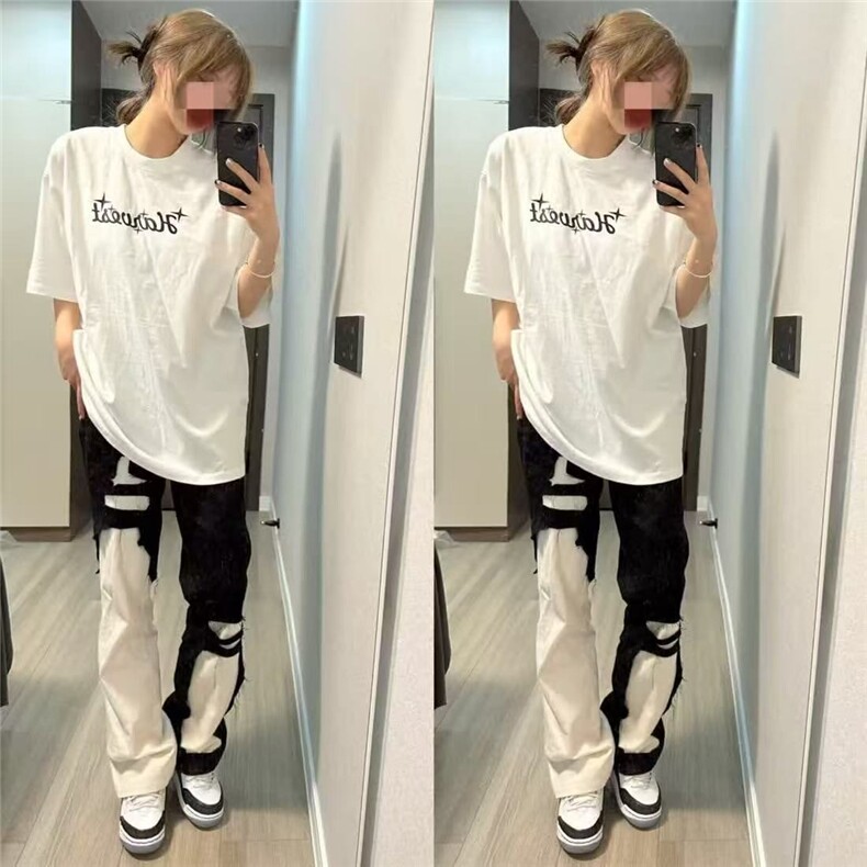 美式vibe高街黑白拼接撞色牛仔裤男女新款显瘦破洞宽松直筒长裤子,男装牛仔裤,星座506A