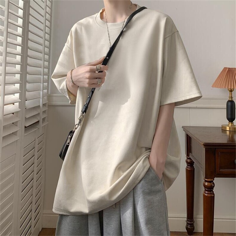 抖音得物直播高品质二开240克美式高街麂皮绒光版纯色短袖t恤12.5，男装T恤，电商A486-1