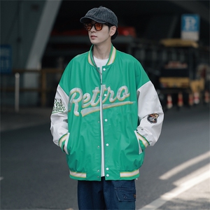 特批72控128秋款pu皮拼色男士棒球领刺绣外套机动皮夹克潮PJ222