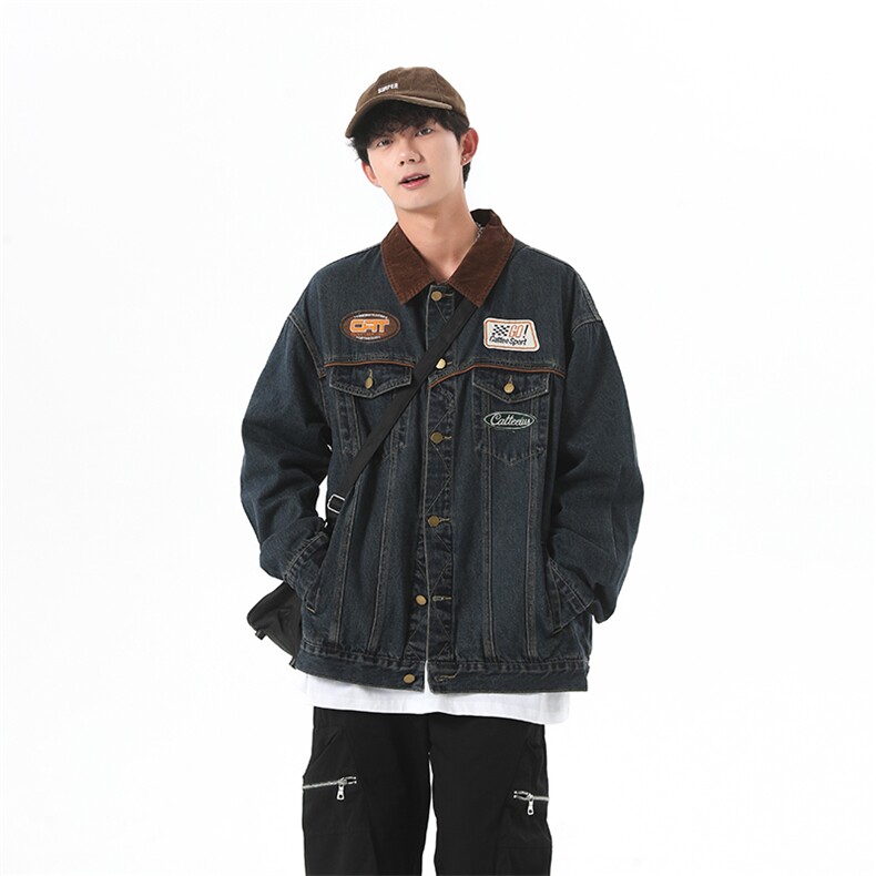 春新款美式复古牛仔外套男机车潮牌翻领夹克宽松上衣JK1099-P85，男装工装外套，星座1103-3