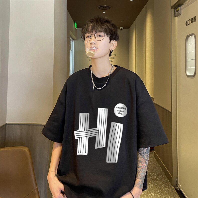 320g重磅纯棉t恤男款夏季小领口情侣短袖oversize美式复古七分袖,男装T恤,电商B371