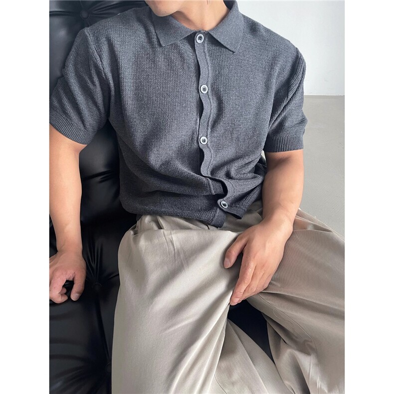 复古翻领排扣针织衫短袖开衫宽松百搭简约休闲短袖TA45-P48,男装T恤,星座208-5