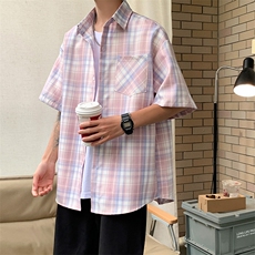 2021格子衬衫男日系设计感小众上衣夏短袖衬衣休闲薄款W787-P32，男装衬衫，星座512-2