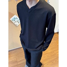 纯色提花肌理感V领卫衣男春秋季痞帅高级感内搭打底衫重磅长袖t恤，男装T恤，星座506A